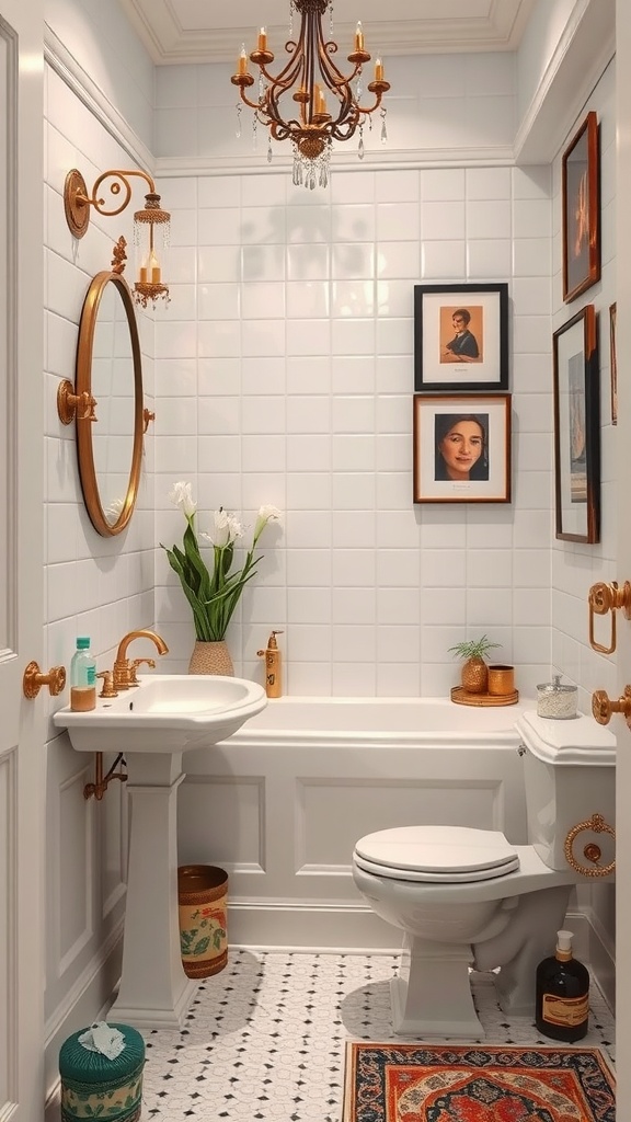A beautifully decorated bathroom featuring white tiles, a chandelier, framed portraits, and gold fixtures.