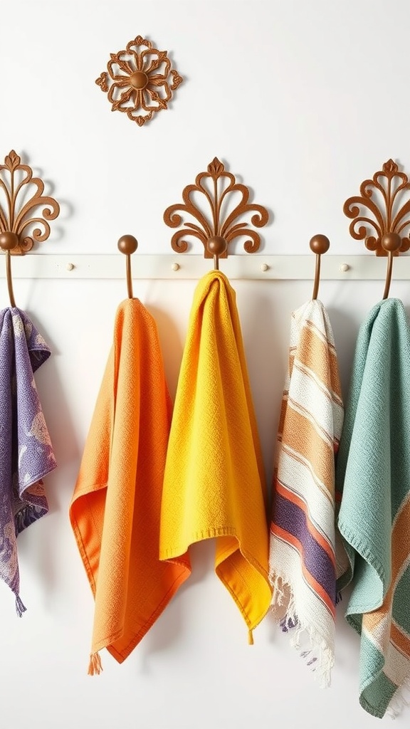Colorful towels hanging on artistic hooks in a bathroom setting.