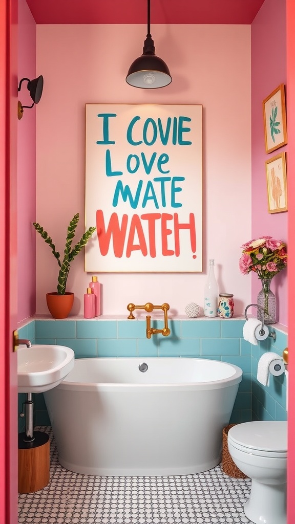 A colorful bathroom featuring a statement art piece with playful text, surrounded by vibrant decor.