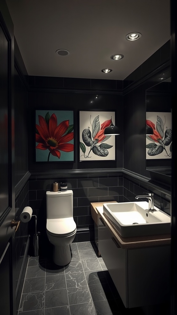 A dark bathroom featuring artistic floral wall art, modern sink, and stylish decor.