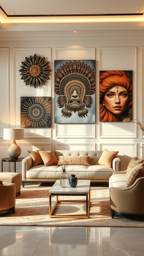 Luxurious living room featuring artistic wall decor with a vibrant portrait and intricate designs.