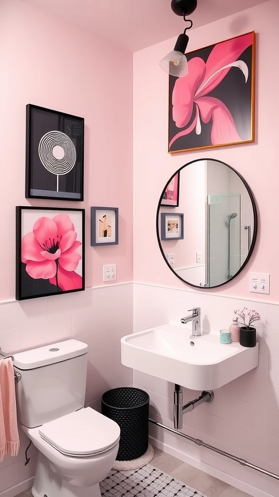A pink and black bathroom featuring artistic wall decor with flower paintings and a round mirror.