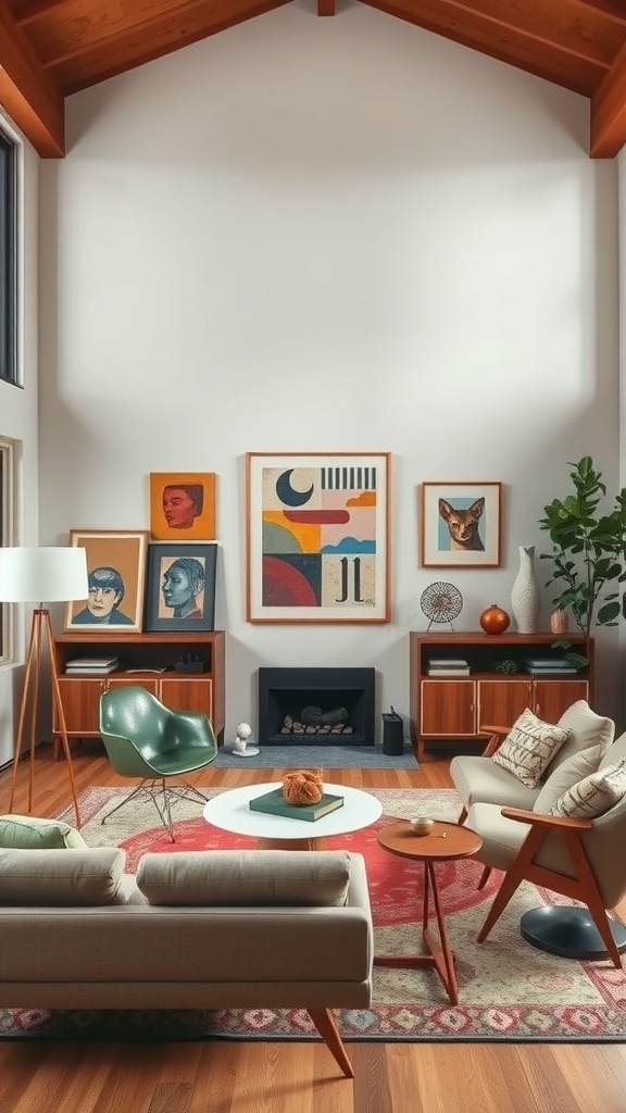 Mid-century modern living room with artistic wall decor and stylish furniture.