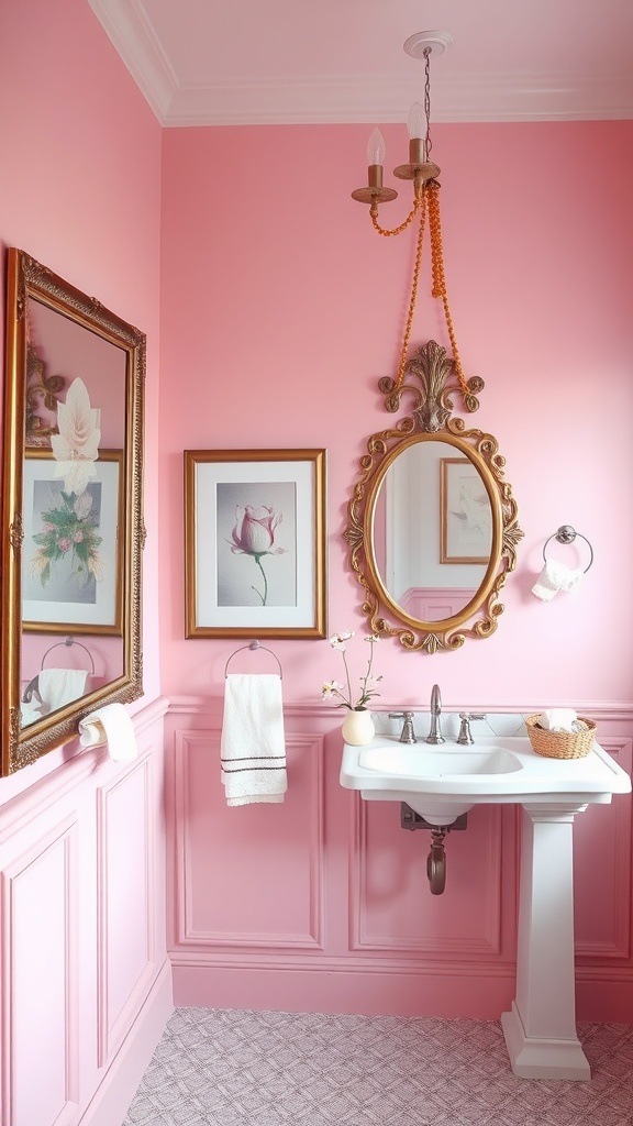 A pink bathroom featuring artistic wall decor and elegant mirrors.