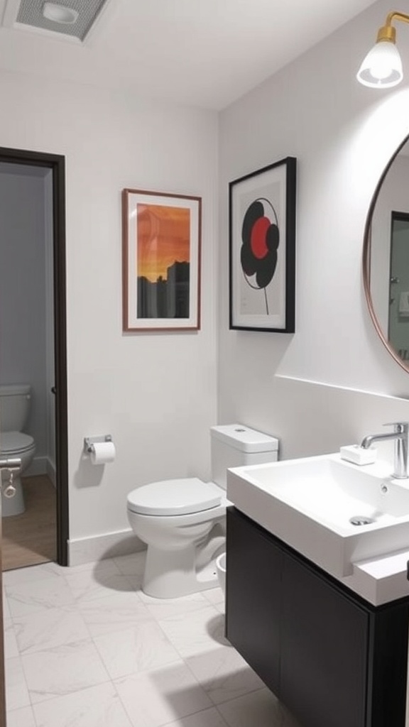 A clean bathroom with artistic wall decor featuring two framed artworks, a circular mirror, and modern fixtures.