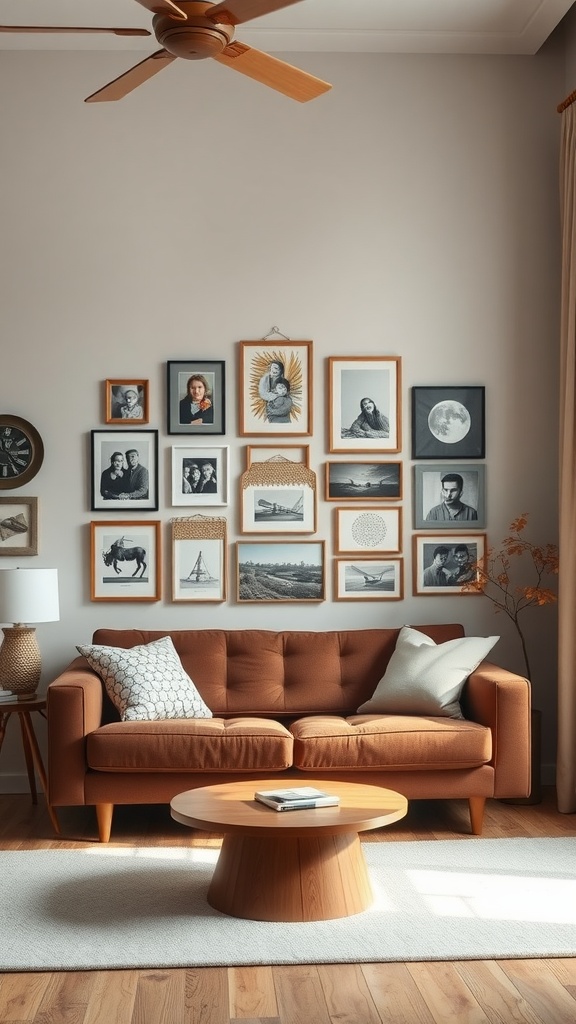 Living room with brown couch and an artistic wall gallery above it, featuring various framed artworks.