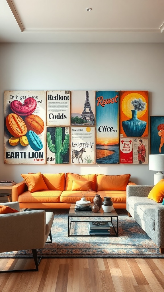 A living room featuring artistic wall panels, a vibrant orange sofa, and modern furniture.