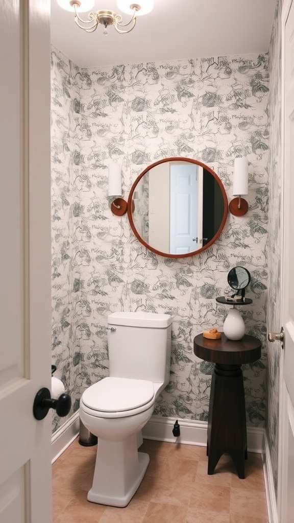 A cozy guest bathroom with artistic wallpaper, a round mirror, and modern lighting.