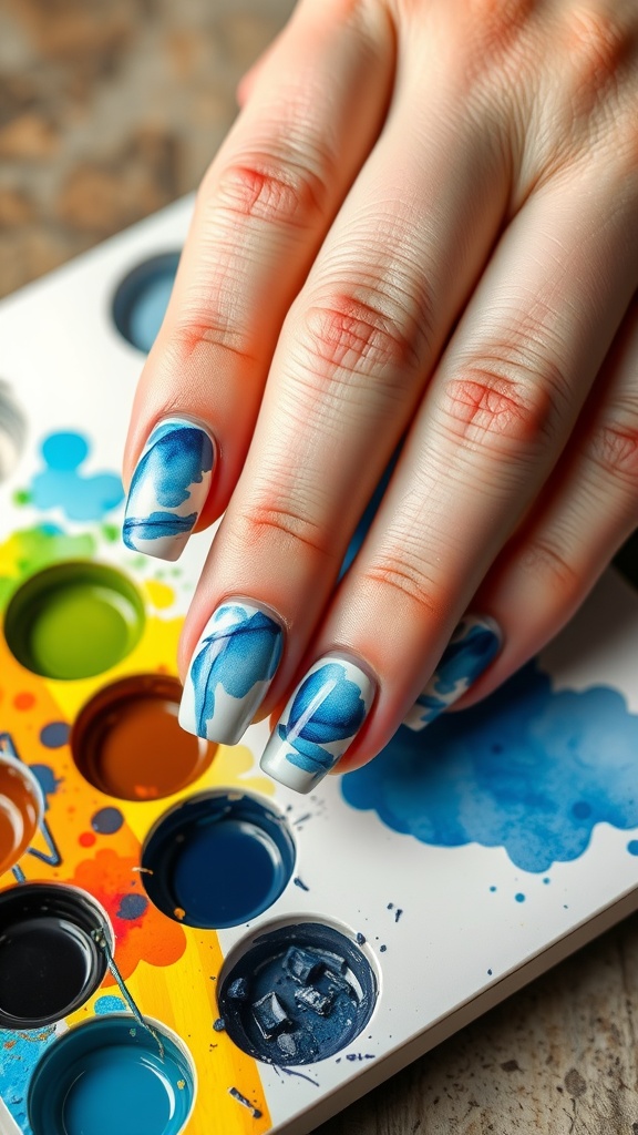 A hand with blue watercolor effect nail design next to a palette of paint.