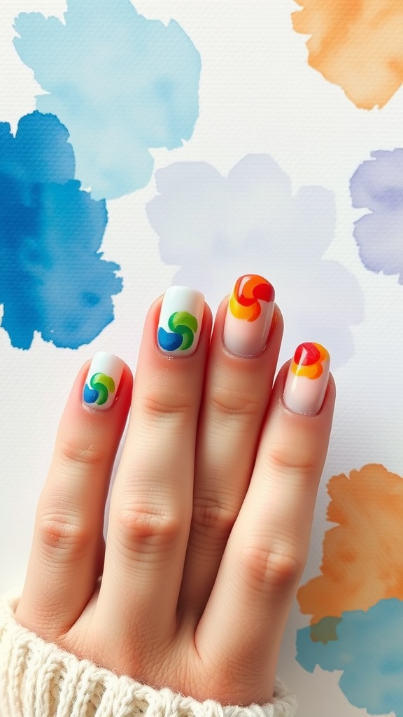 Close-up of a hand with colorful watercolor French tip nails on a watercolor background
