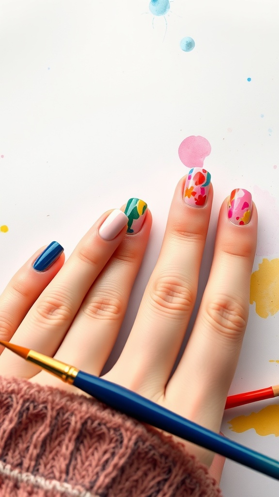 A hand with artistic watercolor nail designs in vibrant colors, surrounded by paint splashes