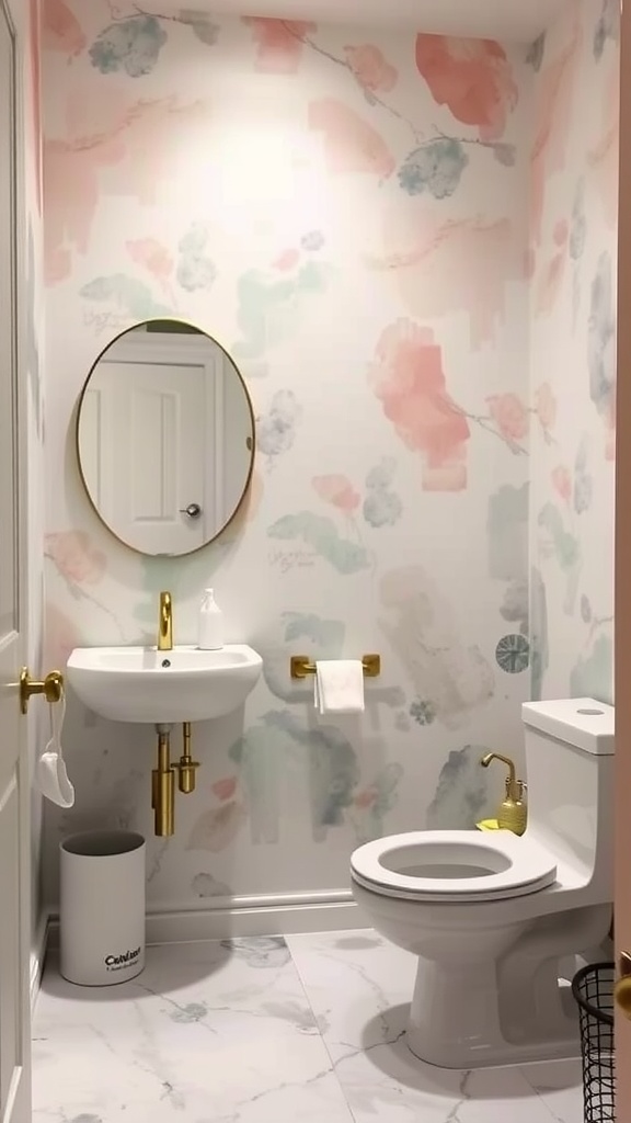 A guest bathroom featuring pastel watercolor patterned wallpaper, a round mirror, and gold fixtures.