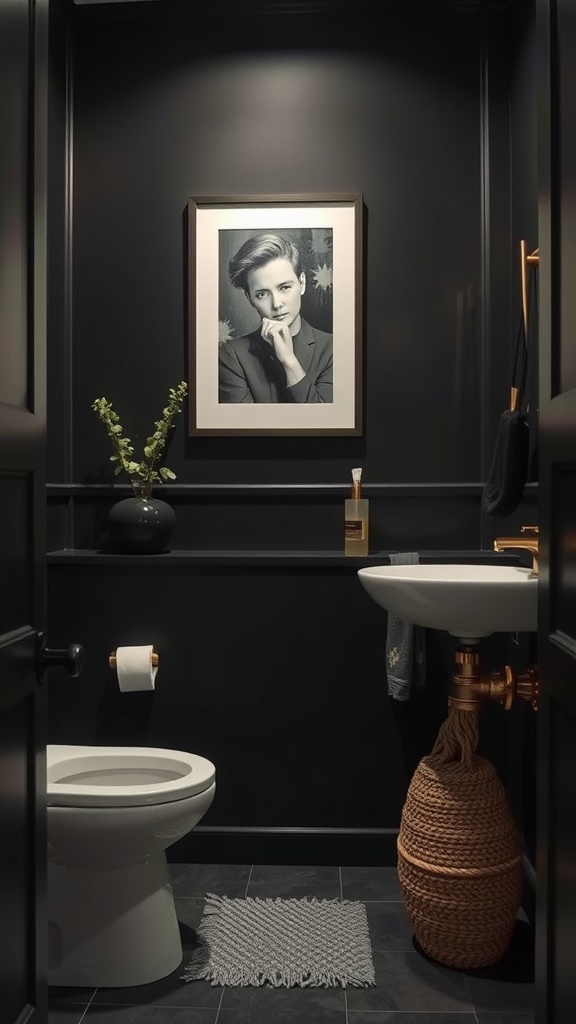 A stylish black bathroom featuring a framed portrait, green plant, and elegant fixtures.