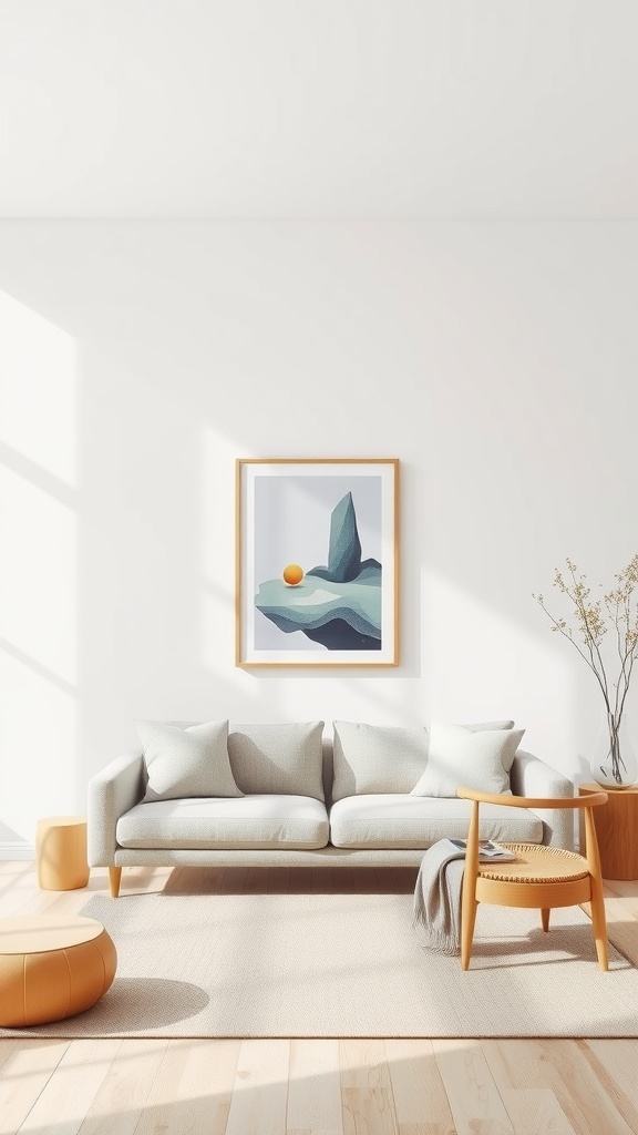 Cozy minimalist living room with framed artwork featuring a mountain and sun.