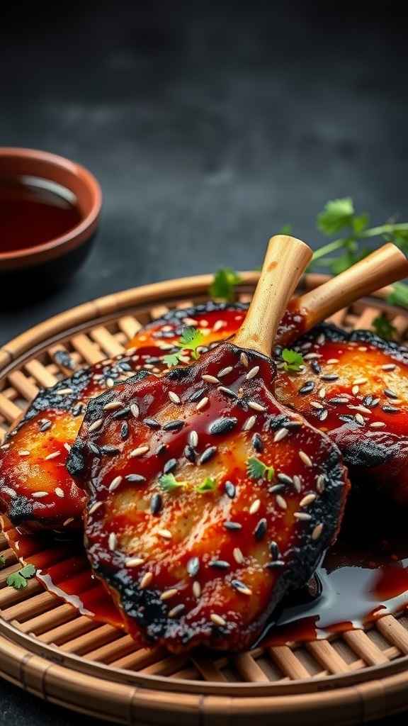 Delicious Asian-inspired pork chops with sesame seeds and a glossy sauce on a wooden platter.