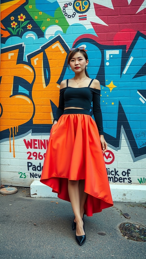 A woman wearing an asymmetric hemline skirt with a black top, standing in front of a colorful graffiti wall.