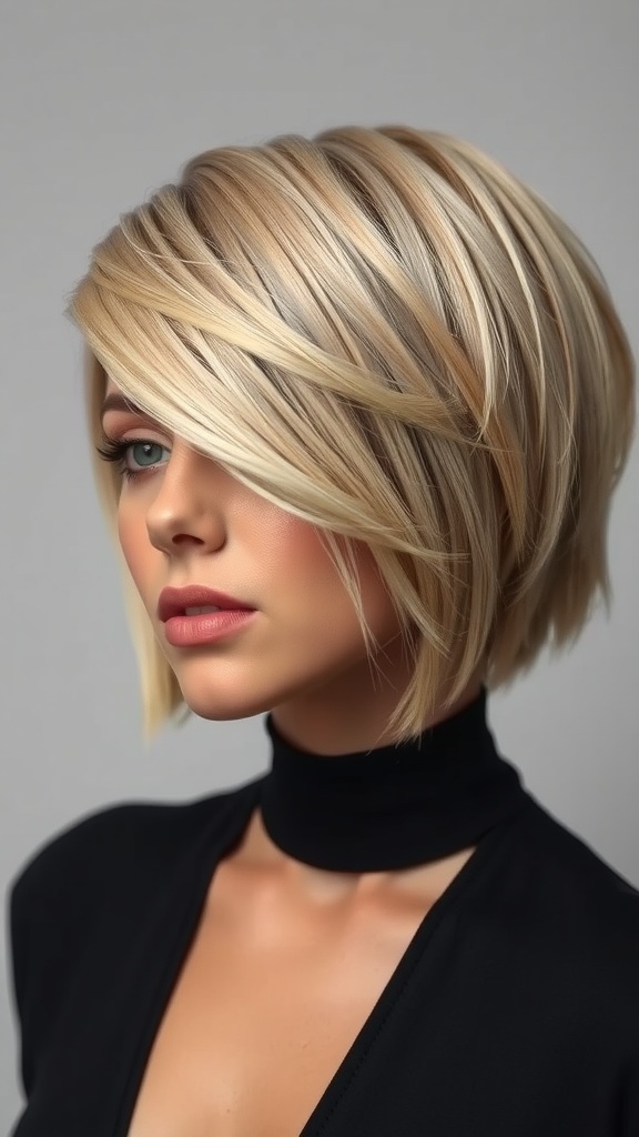 Asymmetrical blonde bob hairstyle with choppy layers and a stylish finish