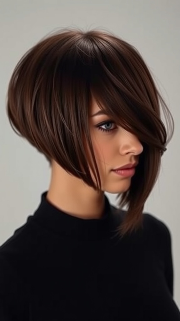 A stylish asymmetrical bob hairstyle with one side longer than the other, showcasing sleek and shiny hair.