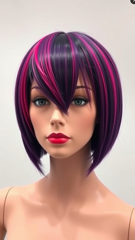 A mannequin with an asymmetrical bob hairstyle featuring deep purple and pink colors.