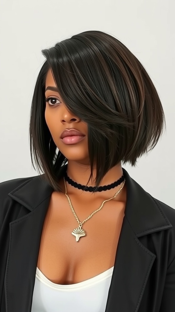 A woman with an asymmetrical bob quick weave hairstyle, featuring shorter hair on one side and longer on the other, complemented by a black choker necklace.