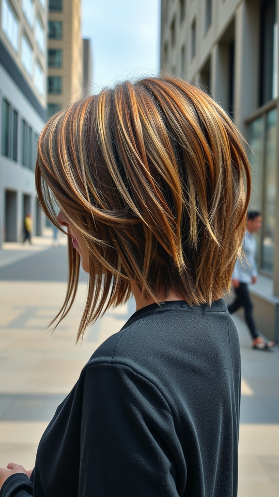 A stylish asymmetrical bob haircut with highlights, showcasing caramel and golden tones.