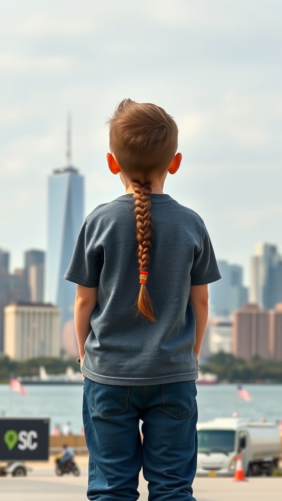 A boy with a braided hairstyle overlooking a city skyline.