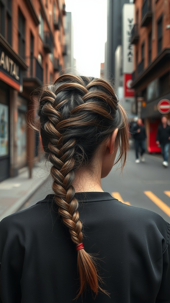 A woman with an asymmetrical braid walking in a city street.
