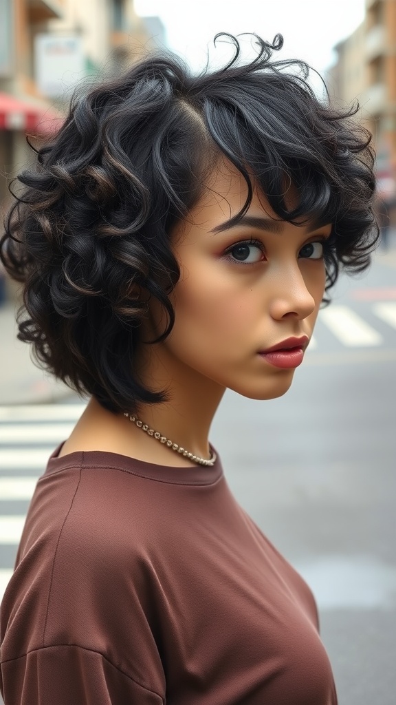 Model with an asymmetrical curly bob cut, showcasing voluminous dark curls and a stylish look.