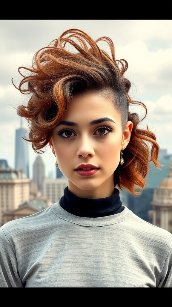 A model with an asymmetrical curly hairstyle, featuring defined curls and a stylish look.