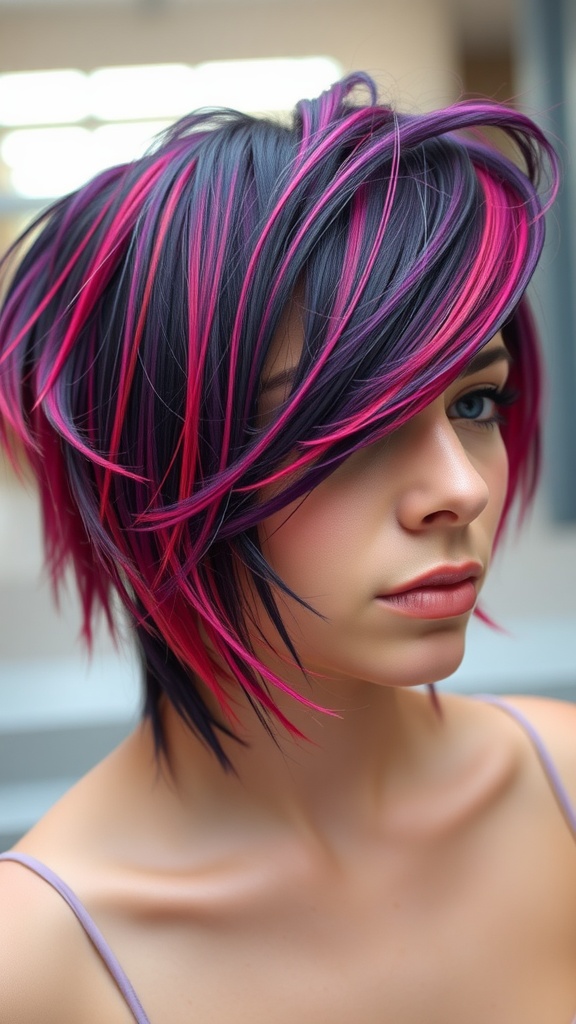 A stylish asymmetrical haircut featuring dark hair with bright pink and purple highlights, showcasing a modern and edgy look.