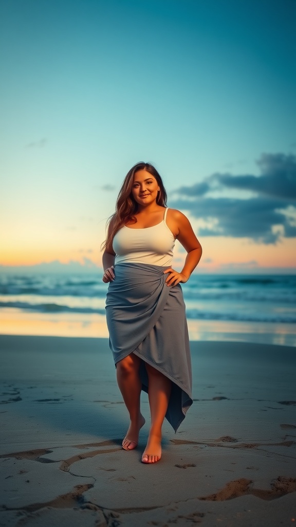 A plus-size woman standing on the beach wearing an asymmetrical hem skirt and a tank top at sunset.