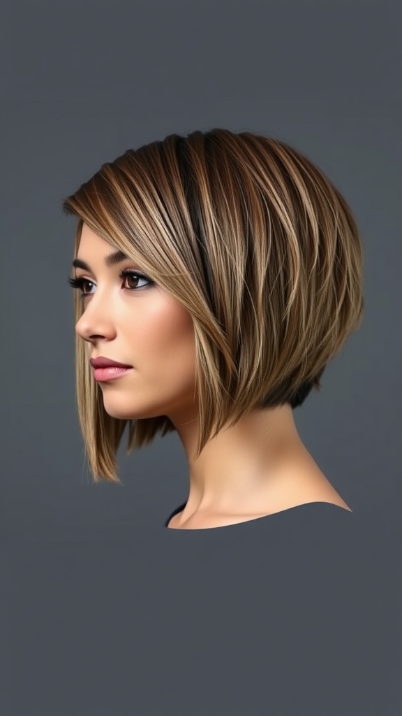 Asymmetrical layered bob hairstyle showcasing longer pieces on one side and textured layers.