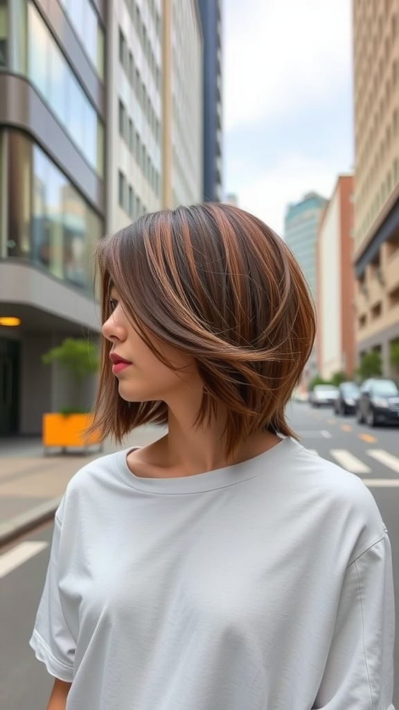 A woman with an asymmetrical lob hairstyle standing on a city street.