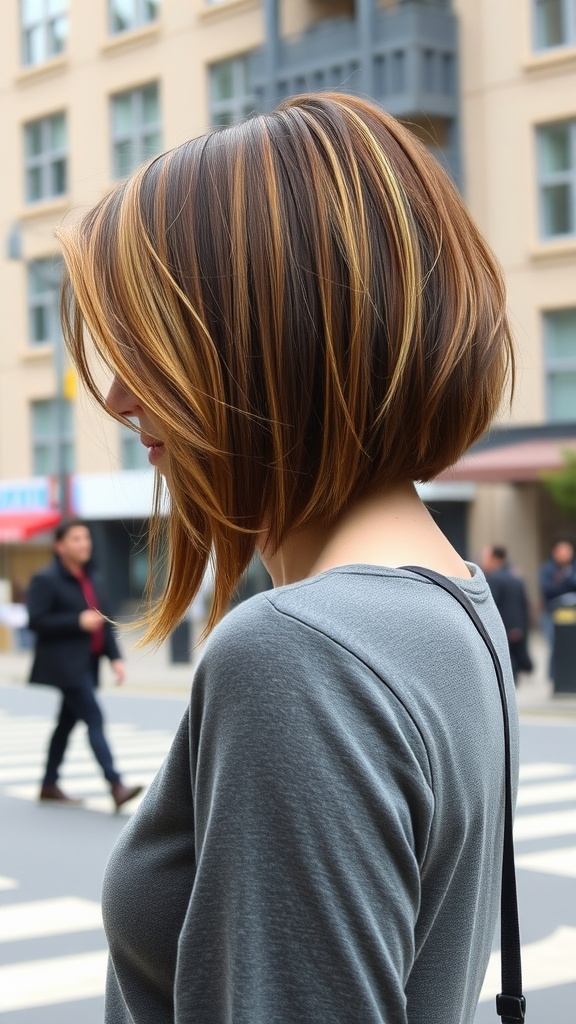 A woman with an asymmetrical long bob hairstyle, featuring warm highlights and a side part, viewed from the side.