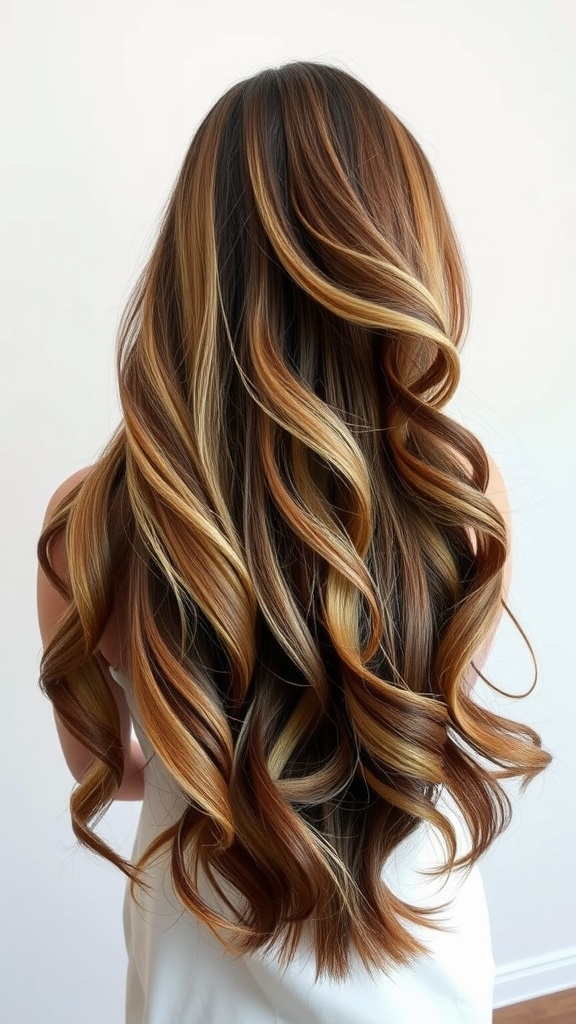 A person with beautiful asymmetrical long weave hairstyle featuring waves and highlights.