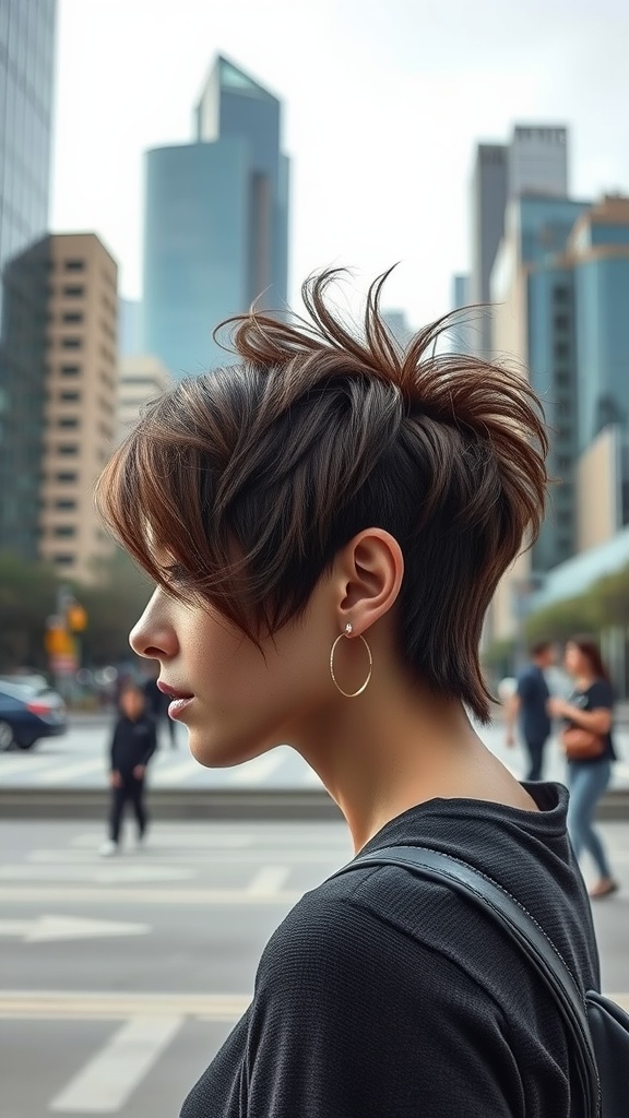 Woman with an asymmetrical mullet haircut in an urban setting