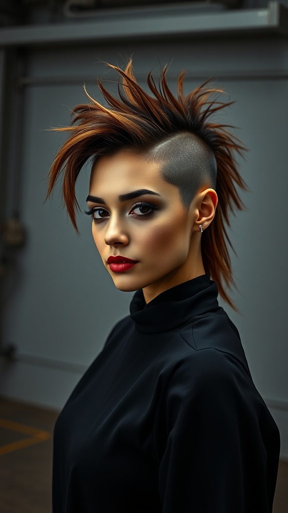 A woman with an asymmetrical mullet hairstyle featuring shaved sides, styled upward with a bold lip color.