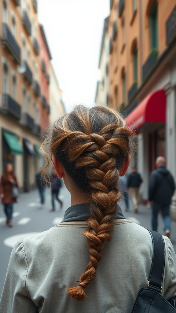 A woman with an asymmetrical ponytail and a side braid, walking in a city