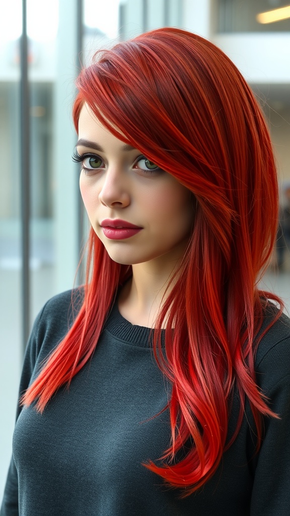 A young woman with asymmetrical red weave hairstyle, posing confidently.
