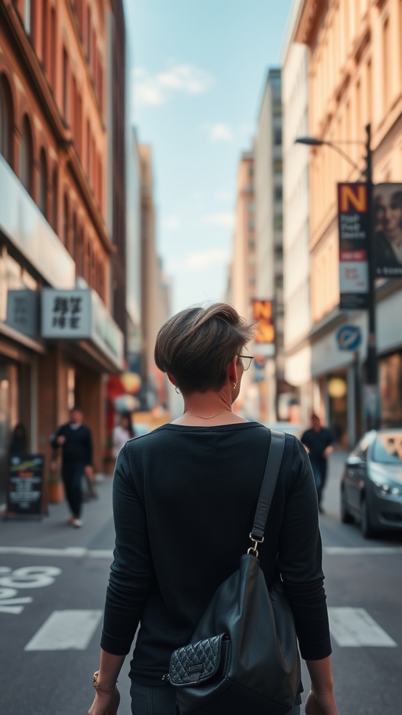 A woman with an asymmetrical short hairstyle walking in a city street
