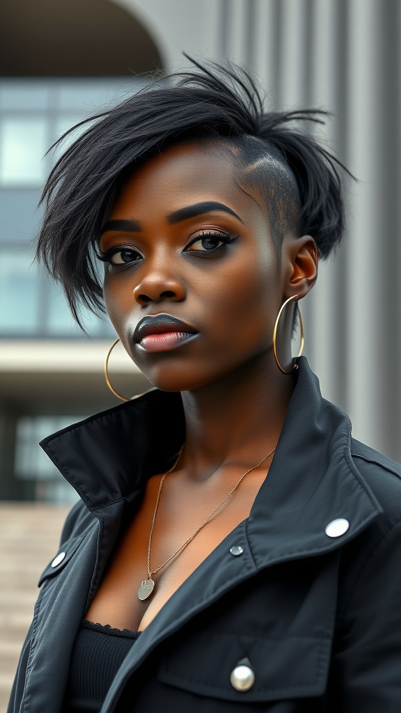 A woman with an asymmetrical short hairstyle, showcasing textured hair and an edgy vibe.