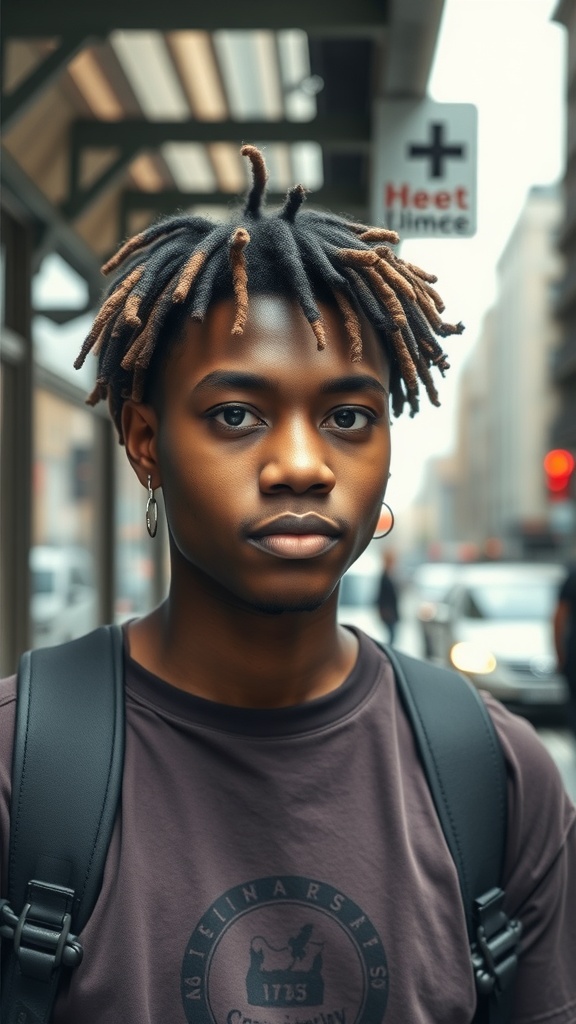 A person with asymmetrical short locs, showcasing a unique hairstyle.