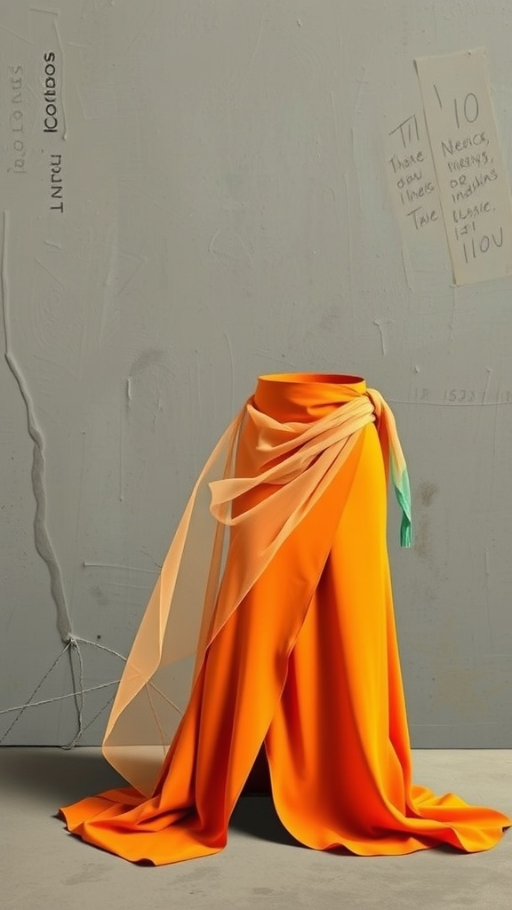 An asymmetrical wrap skirt in vibrant orange fabric, featuring flowing layers and a stylish design.