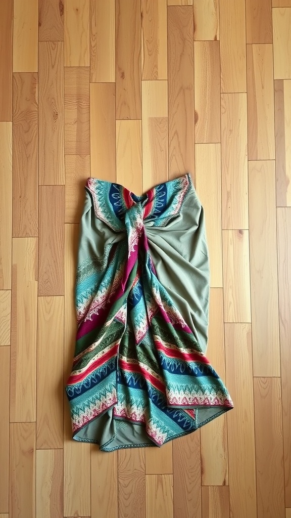 An asymmetrical wrap skirt displayed on a wooden floor, featuring colorful patterns and a stylish twist.