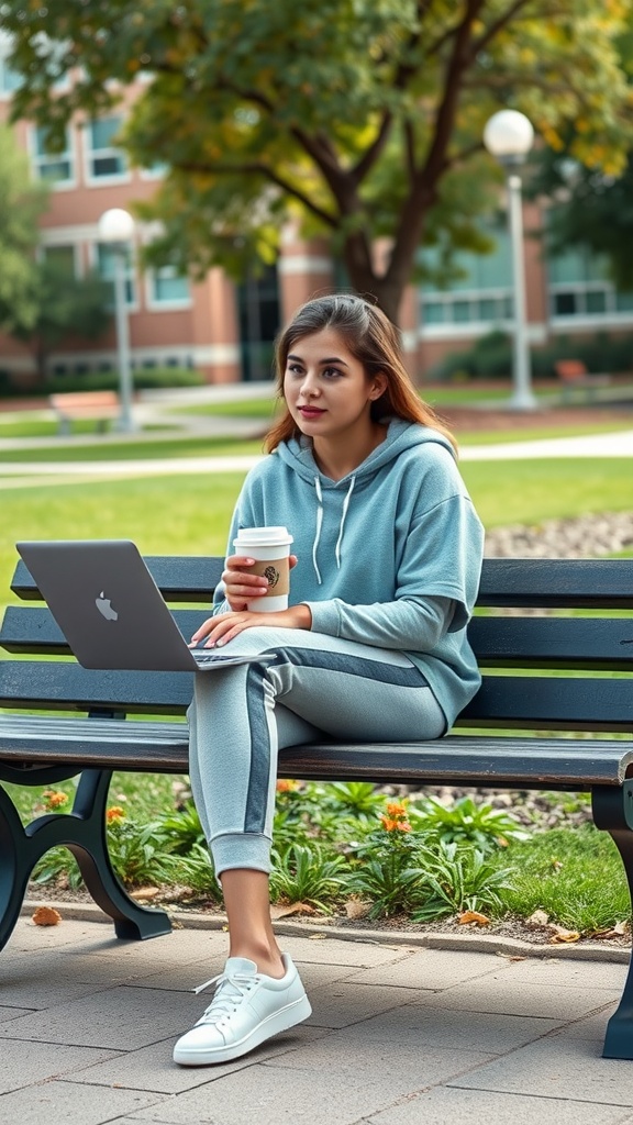A young woman in a light blue hoodie and joggers sitting on a bench with a laptop and coffee.