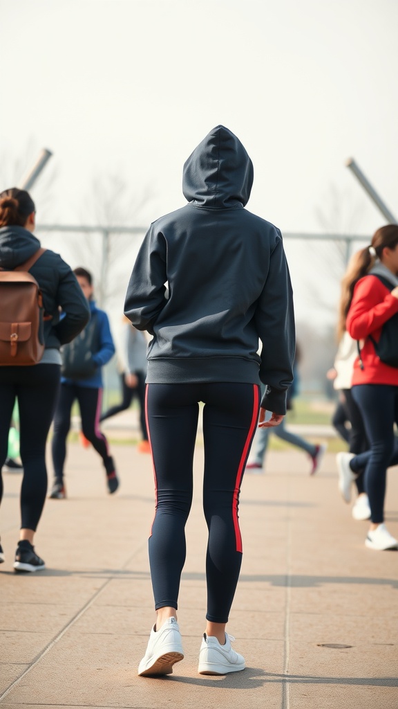 A person wearing a navy hooded jacket and leggings with red stripes walking on a school campus.