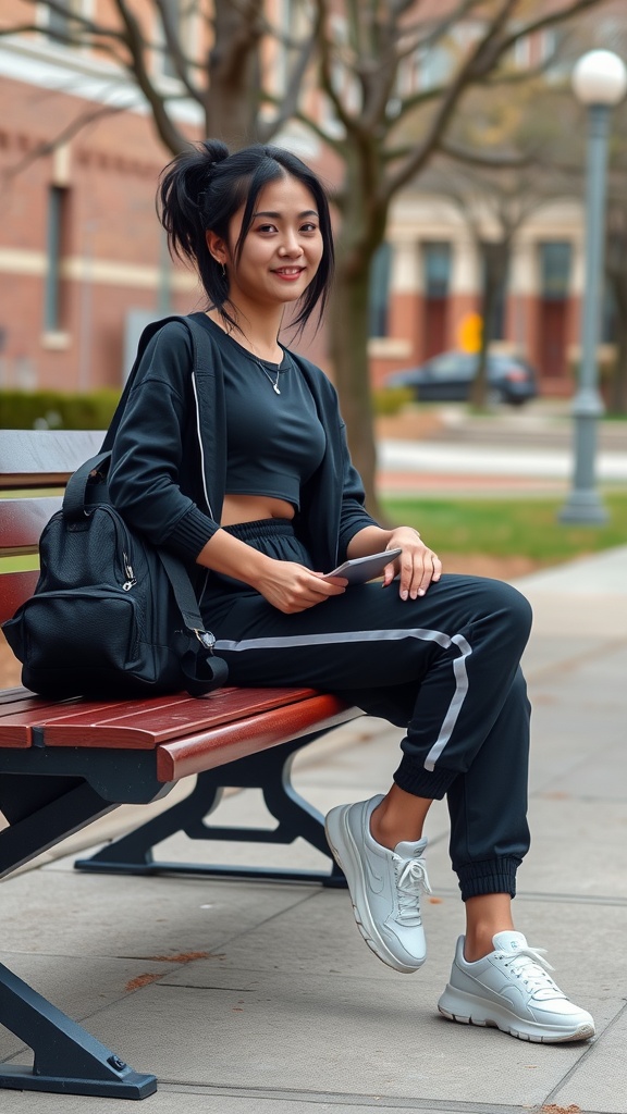 A young woman in an athleisure outfit sitting on a bench, wearing a black crop top and joggers with white stripes.