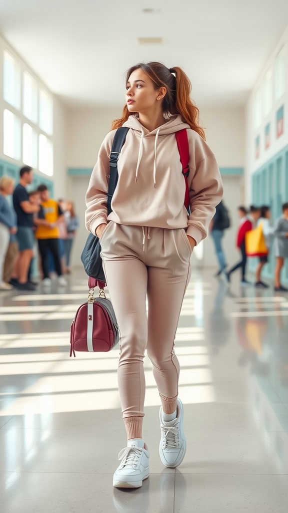 A student wearing a neutral athleisure set, consisting of a hoodie and joggers, paired with fashionable white sneakers, walking through a school hallway.