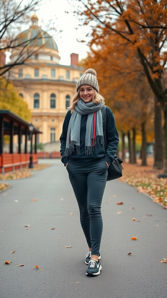 A woman in a cozy athleisure outfit with a beanie and scarf walking in an autumn park.