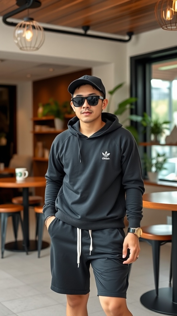 A person wearing a black hoodie and shorts, accessorized with sunglasses and a cap, standing in a modern cafe.